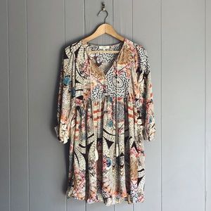 Umgee Tribal Feather Print Babydoll Boho Dress